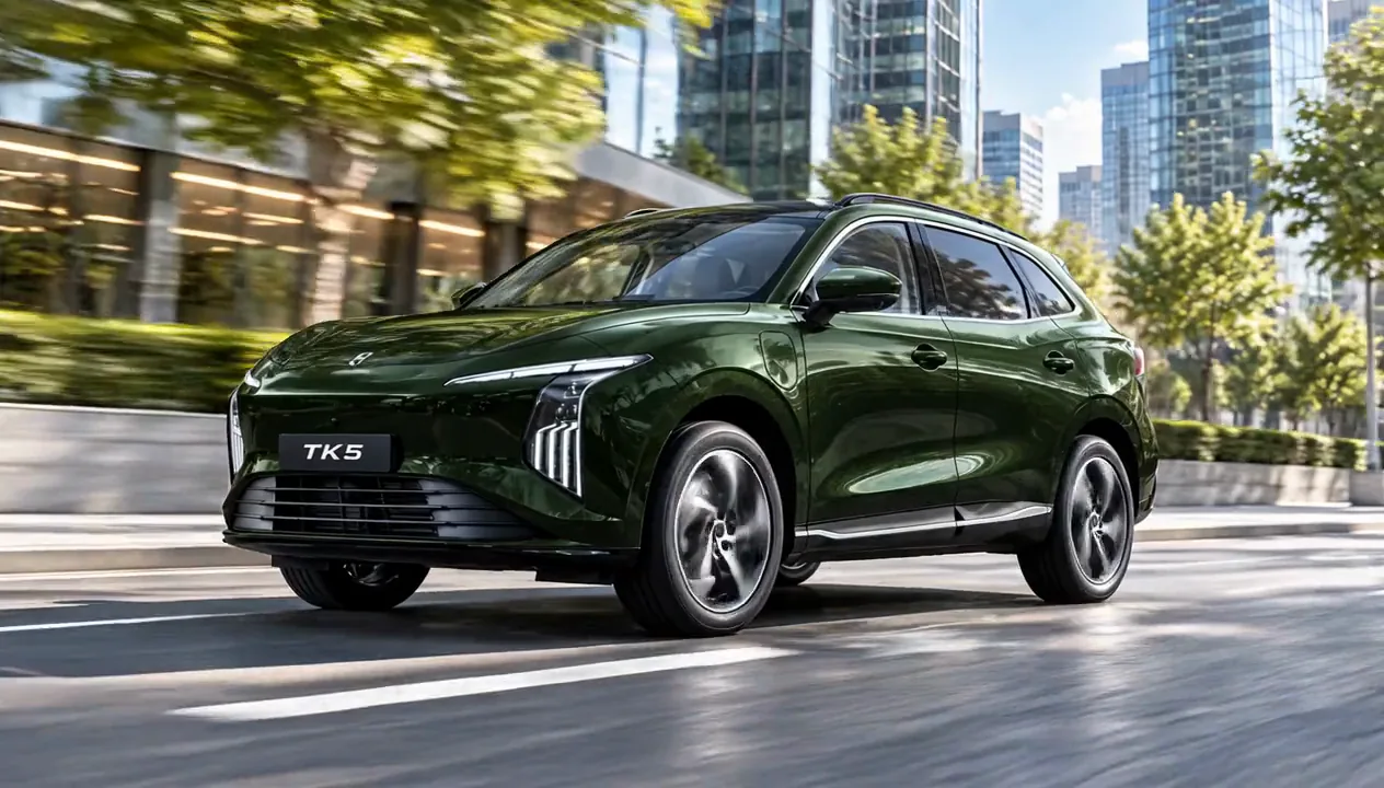 Forthing TK5 EV в тъмнозелено, в движение по градска улица