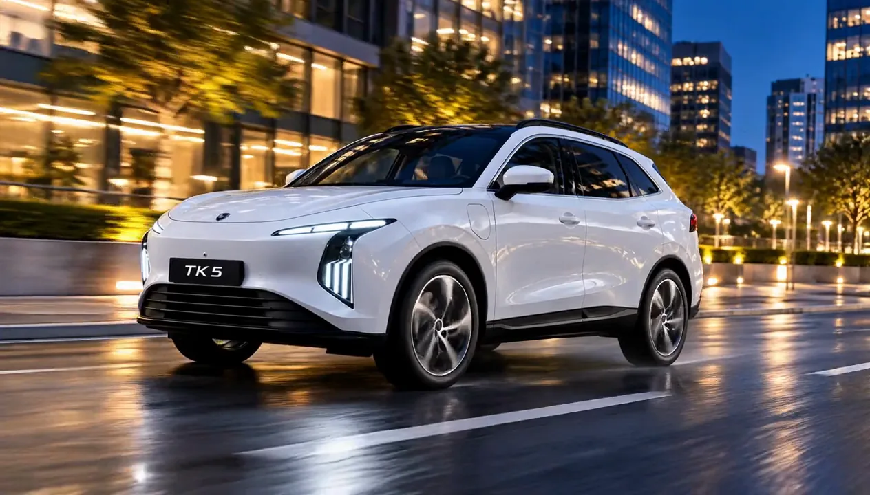 Forthing TK5 PHEV в бяло се движи през града нощем