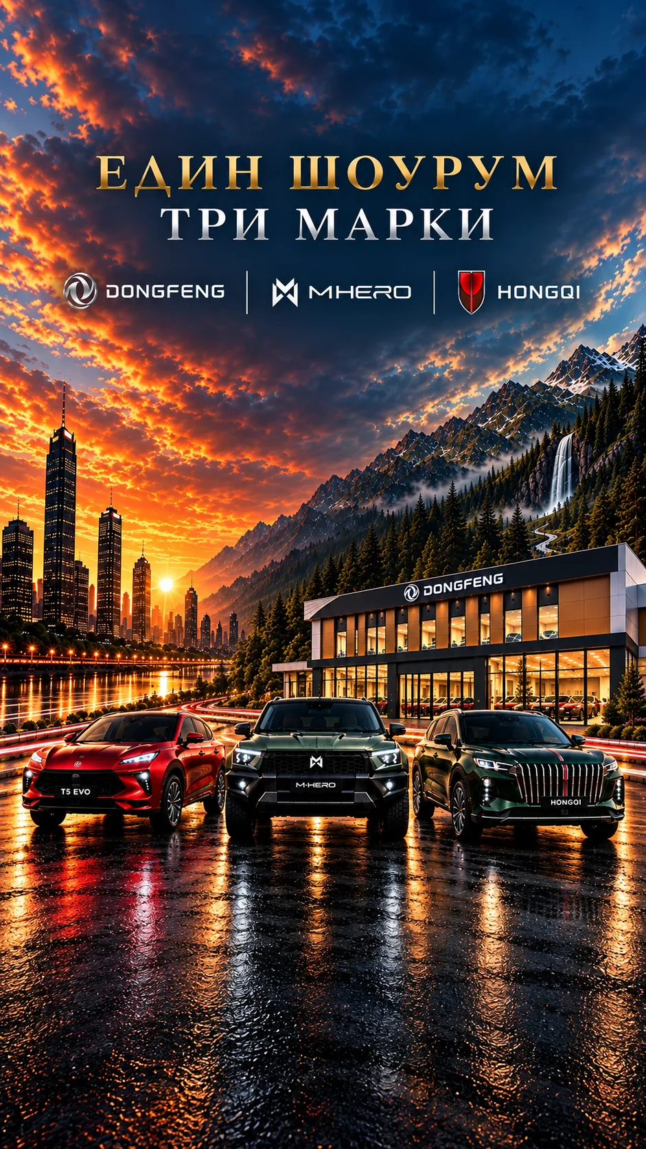 Dongfeng, M-Hero и Hongqi пред шоурума на Салина във Войводиново